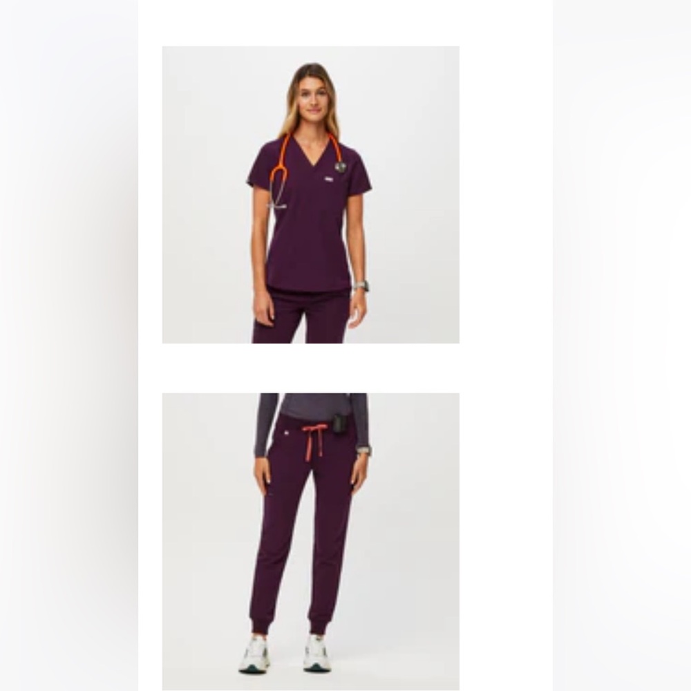 Deep purple Catarina one pocket scrub top in Sm & Zamora jogger in petite large
